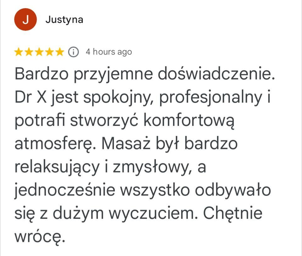 Opinia 5 gwiazdek w Google o masażu dla kobiet w Krakowie od Justyny